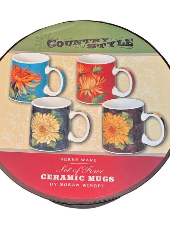 Set of Four Floral Mumm Garden 14oz. Coffee Mugs Susan Winget New in Box - Picture 1 of 8